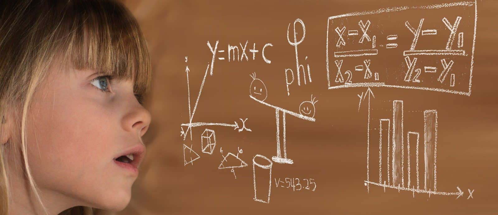 child staring at math on chalkboard