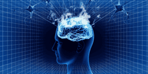 image of brain on blue background to illustrate Understanding Childhood Neuroplasticity: